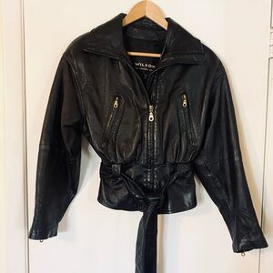 Vintage 90s Y2K Wilsons Leather Belted Bomber Motorcycle Jacket Black XS